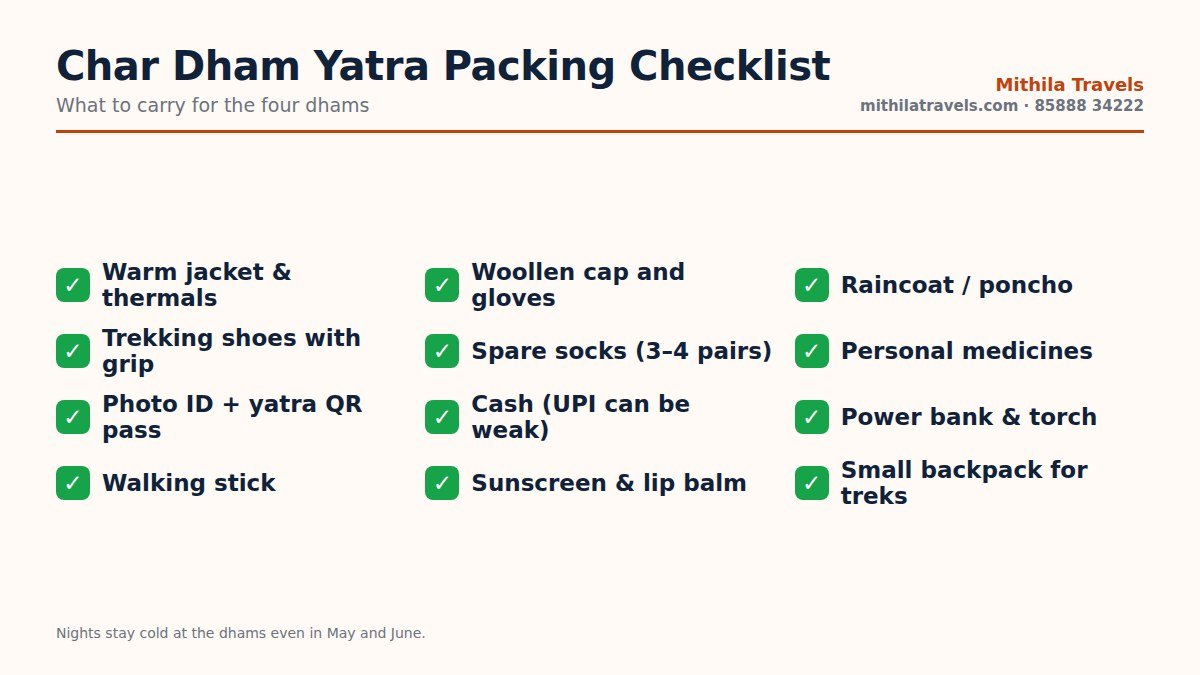 Packing checklist for Char Dham weather at every season