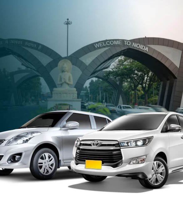 Swift Dzire and Innova Crysta at the Welcome to Noida gate after a Noida taxi booking