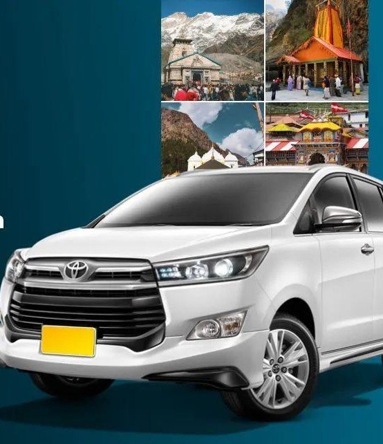 Innova Crysta taxi parked in front of a display of temple photos