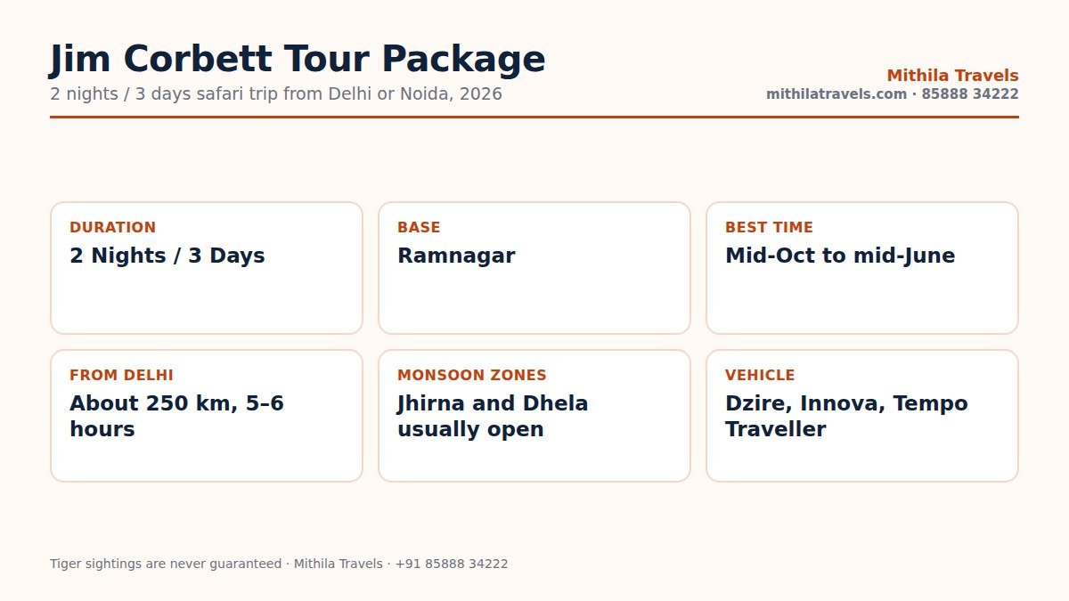 Jim Corbett tour package at a glance: duration, safari zones, best time and vehicles