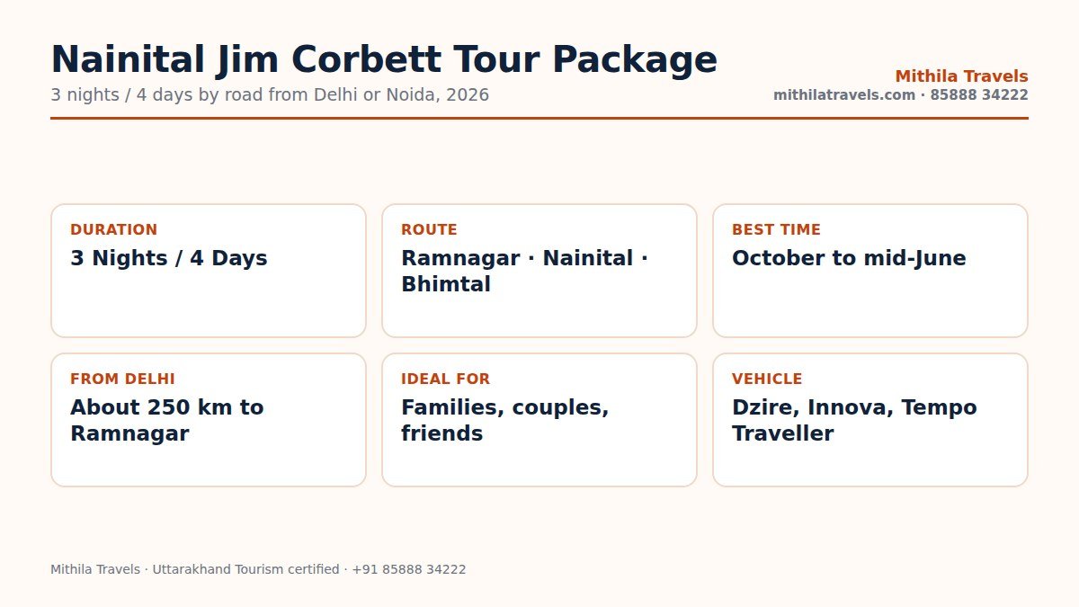 Nainital Jim Corbett tour package at a glance: duration, route, best time and vehicles