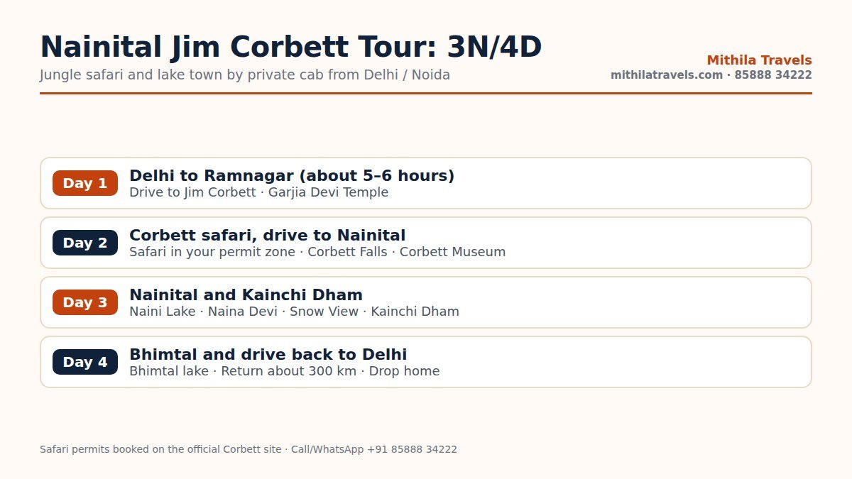 Day-wise itinerary of the Nainital Jim Corbett tour package from Delhi