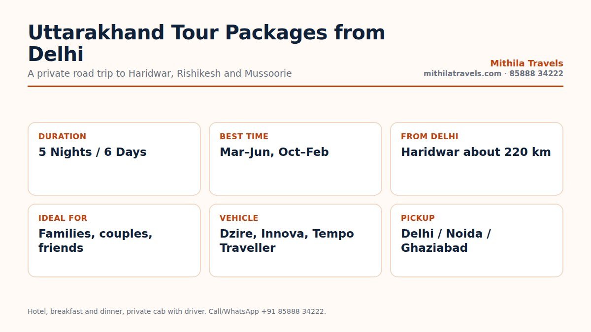 Uttarakhand tour packages from Delhi at a glance: duration, route, best time and vehicles